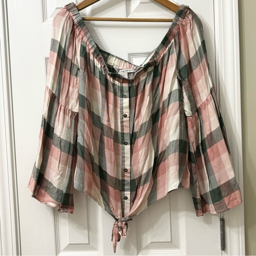 ➕ NWT American Rag Plaid Off The Shoulder Tie Front Top Women’s Size XXL - Picture 3 of 10